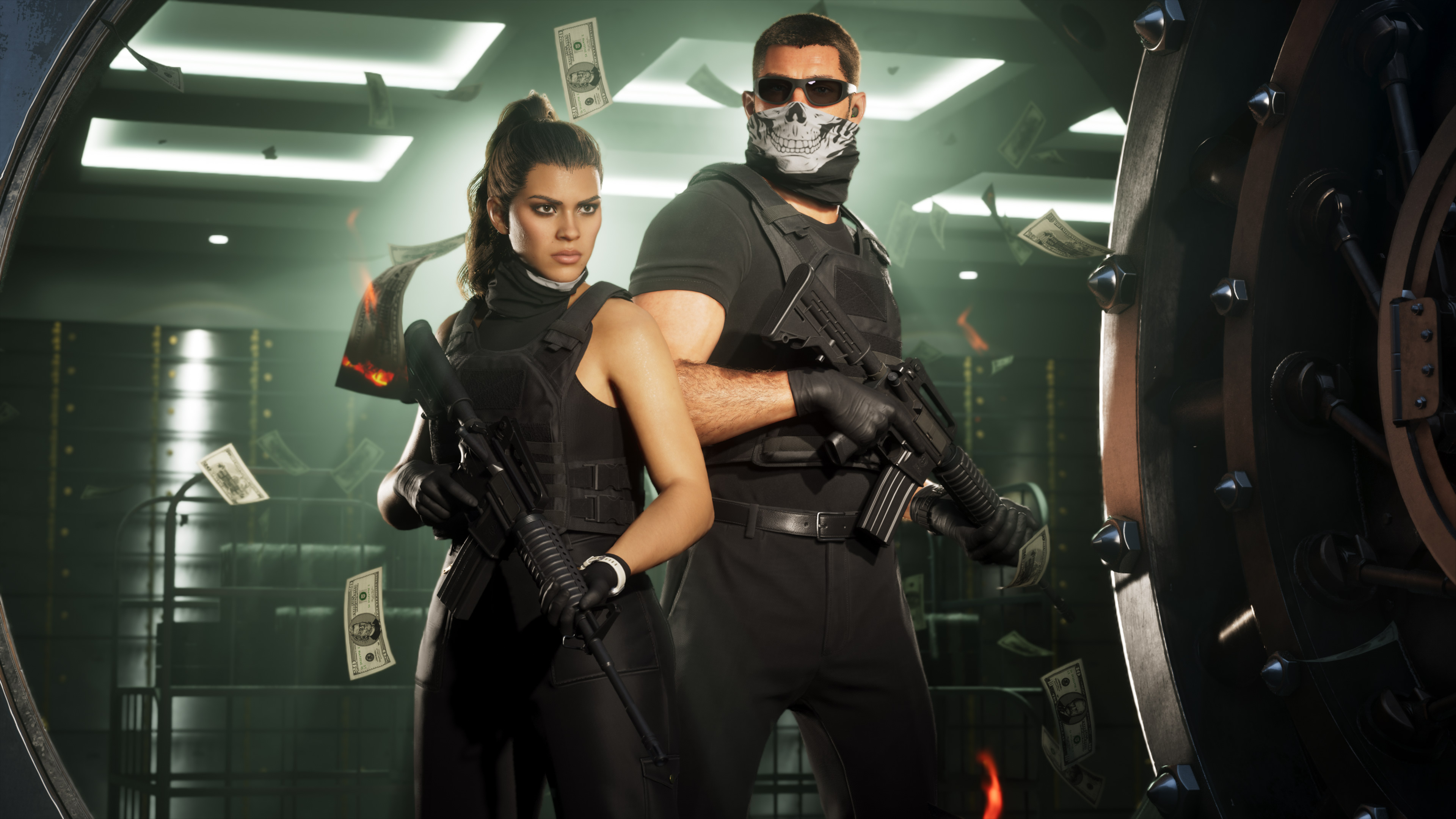 Jason and Lucia back-to-back in a bank vault with cash in the air
