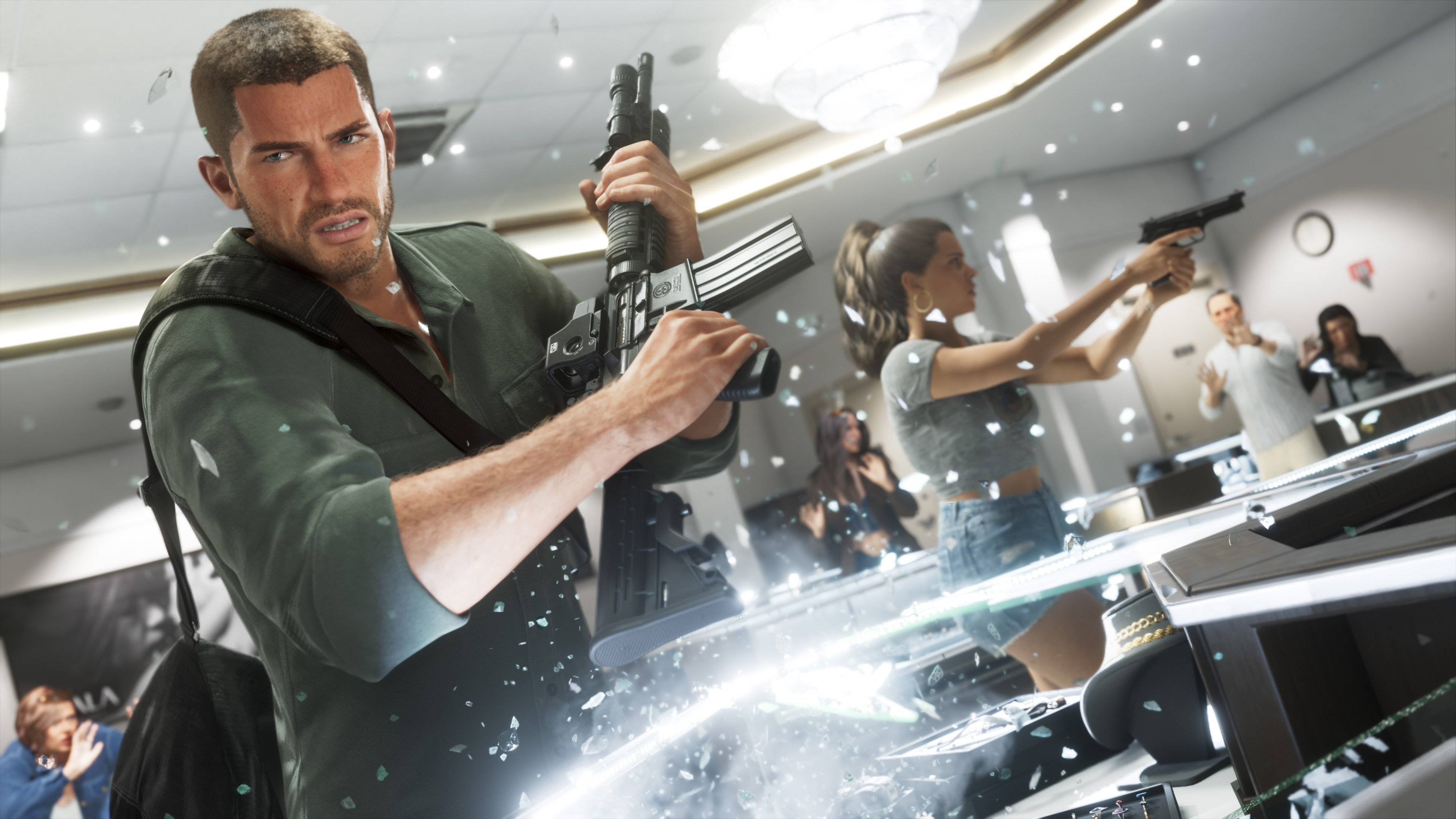 Jason and Lucia robbing a luxury store as a display case shatters